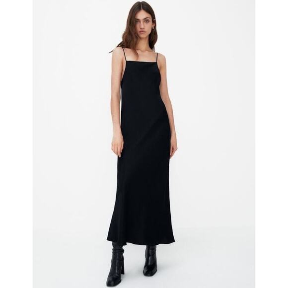 Zara Satin Midi Dress size Large Black Spaghetti Straps cocktail Minimal gala - Picture 1 of 12